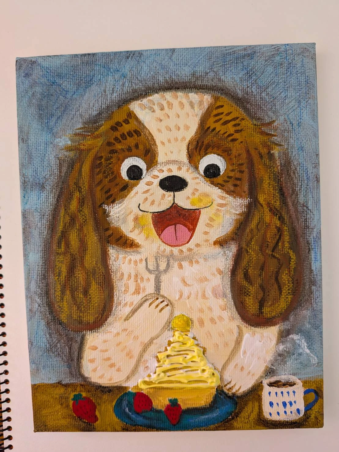 オーダー作品の例:ケーキを前にうれしそうな犬の絵